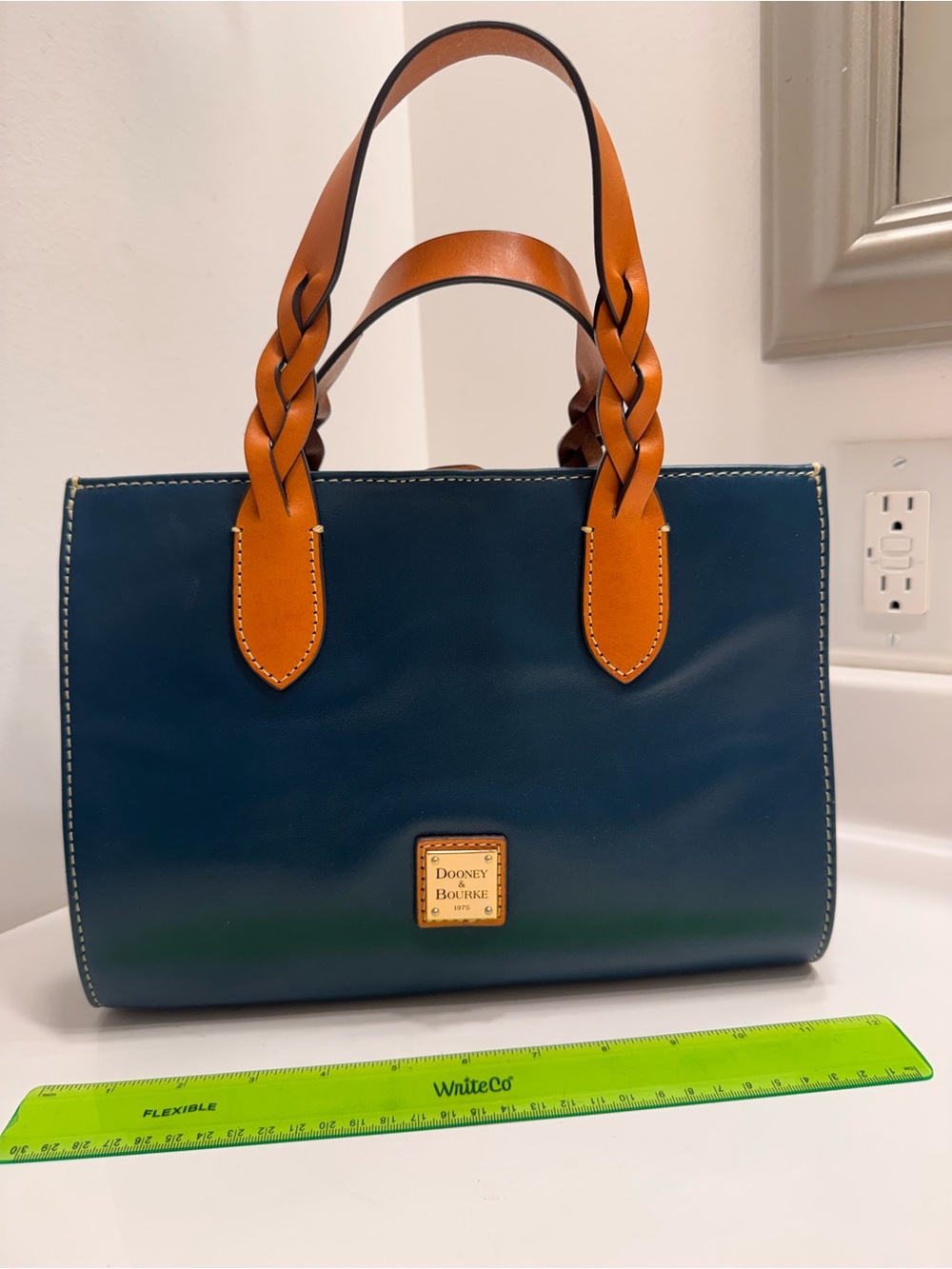 Dooney & Bourke Teal or Blue/Green  Leather Tote with Tan Braided Handles